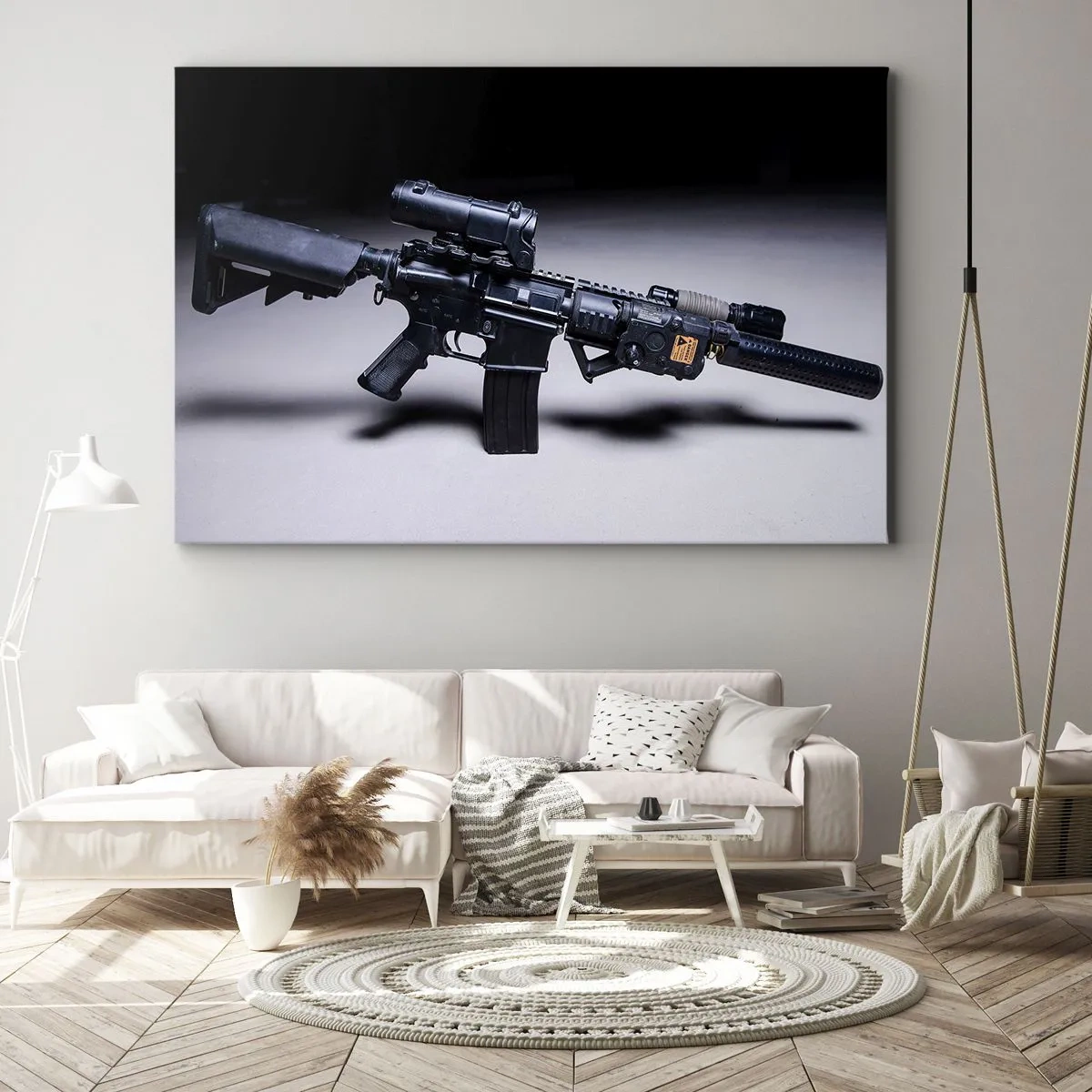Cuadro sobre lienzo - Impresión de Imagen - Un rifle moderno en negro sobre un fondo oscuro. - 70x50cm - Un caballero oscuro - Decoración de pared moderna para salón y dormitorio ARTTOR