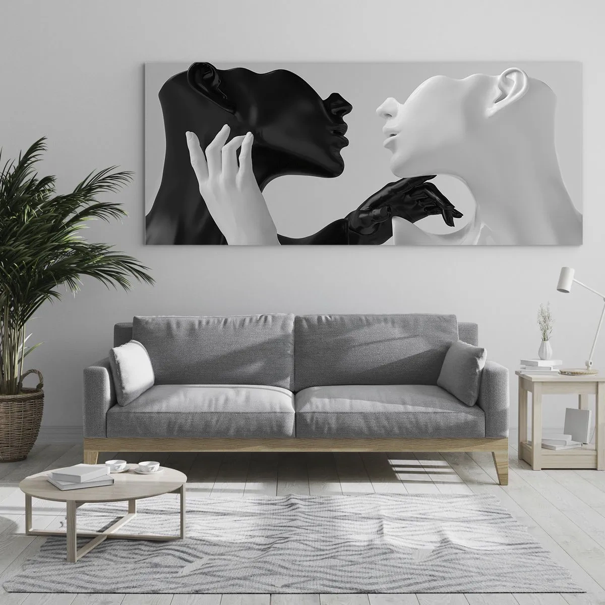 Cuadro sobre vidrio - Impresiones sobre Vidrio - Siluetas en blanco y negro en primer plano dinámico - 120x50cm - Atracción - deseo - Decoración de pared moderna para salón y dormitorio ARTTOR