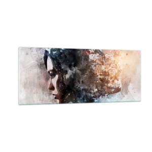 Cuadro sobre vidrio - Impresiones sobre Vidrio - Una historia sobre una niña con una ciudad de fondo - 100x40 cm