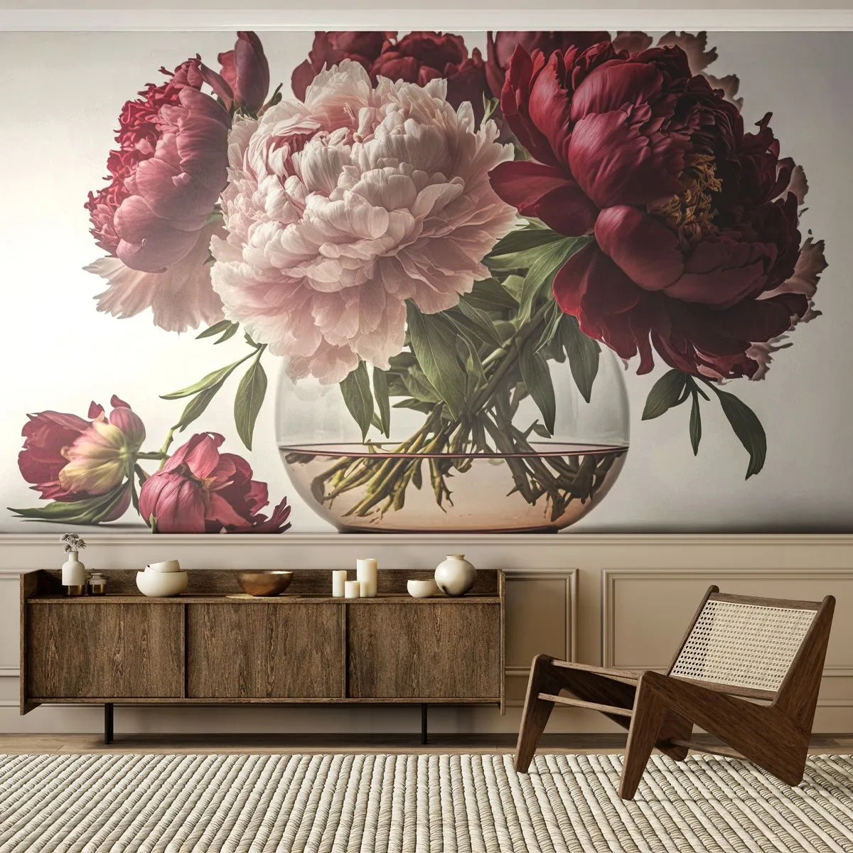 Fotomural Premium Sand - Un ramo de peonías en un jarrón de cristal sobre un fondo claro. - 100x70cm - En plena floración de la belleza - Decoración de pared moderna para salón y dormitorio ARTTOR