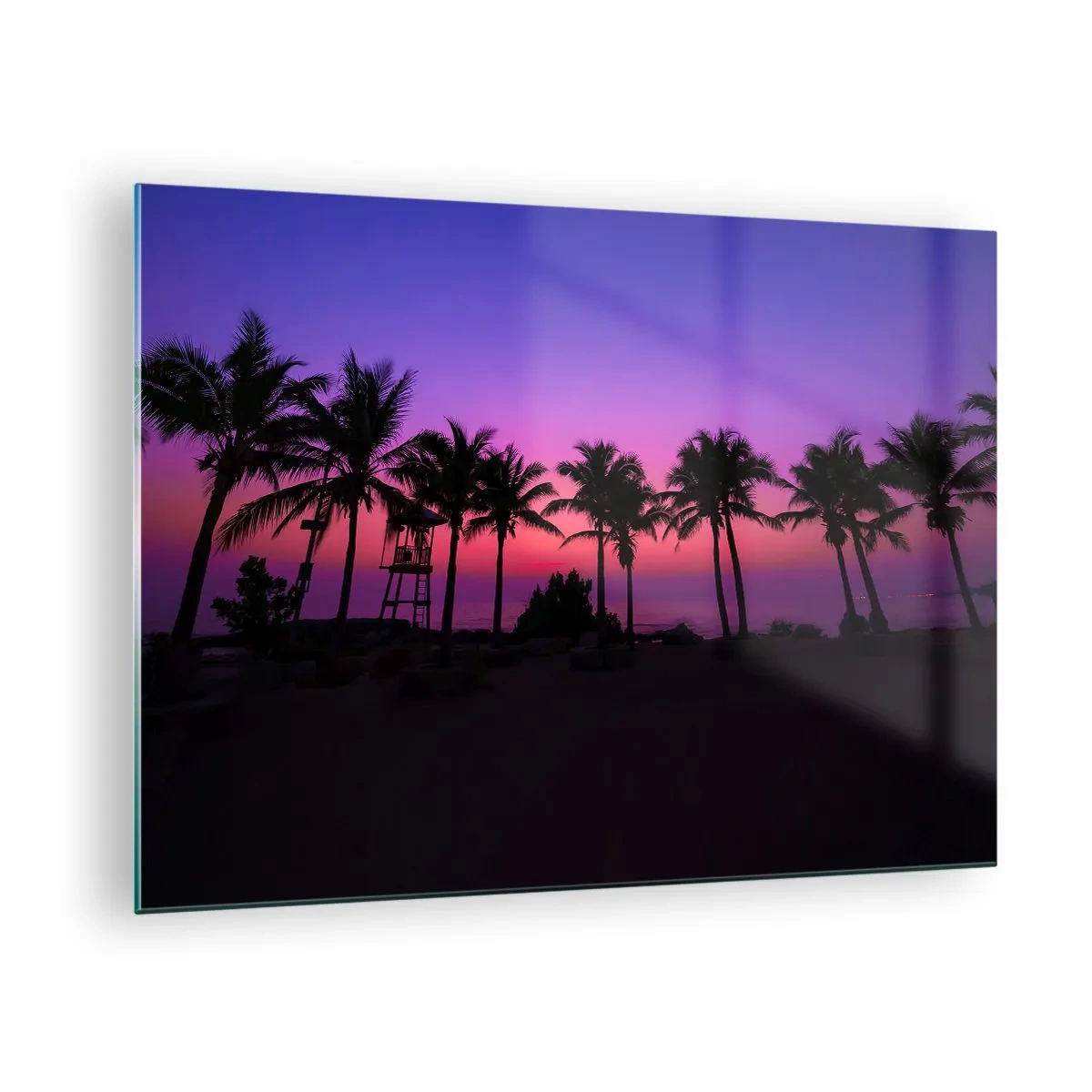 Cuadro sobre vidrio - Impresiones sobre Vidrio - Palmeras con el telón de fondo de una puesta de sol de color rosa púrpura. - 70x50cm - Atardecer bajo las palmeras - Decoración de pared moderna para salón y dormitorio ARTTOR