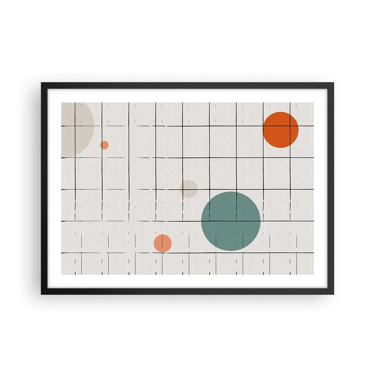 Póster en marco negro - Círculos de colores abstractos sobre un fondo de cuadrícula geométrica - 70x50cm - Atrapados. ¿Nosotros o ellos? - Decoración de pared moderna para salón y dormitorio ARTTOR