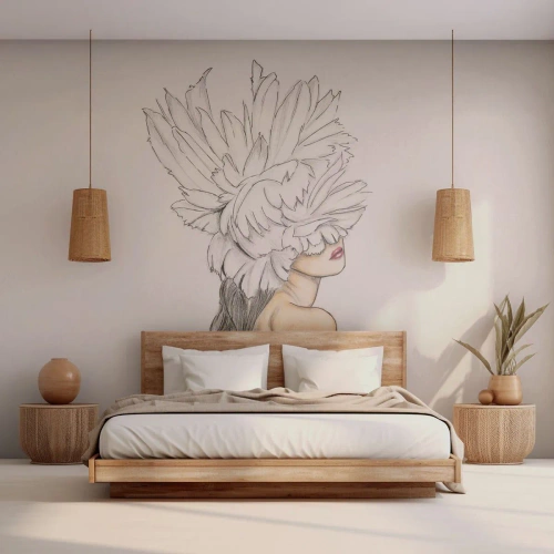 Fotomural Premium Sand - Boceto de una mujer con un tocado de plumas que le cubre los ojos. - 100x70cm - Belleza coronada - Decoración de pared moderna para salón y dormitorio ARTTOR