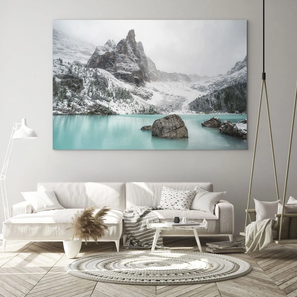Cuadro sobre vidrio - Impresiones sobre Vidrio - Paisaje invernal con un lago turquesa - 120x80cm - En guardia - Decoración de pared moderna para salón y dormitorio ARTTOR