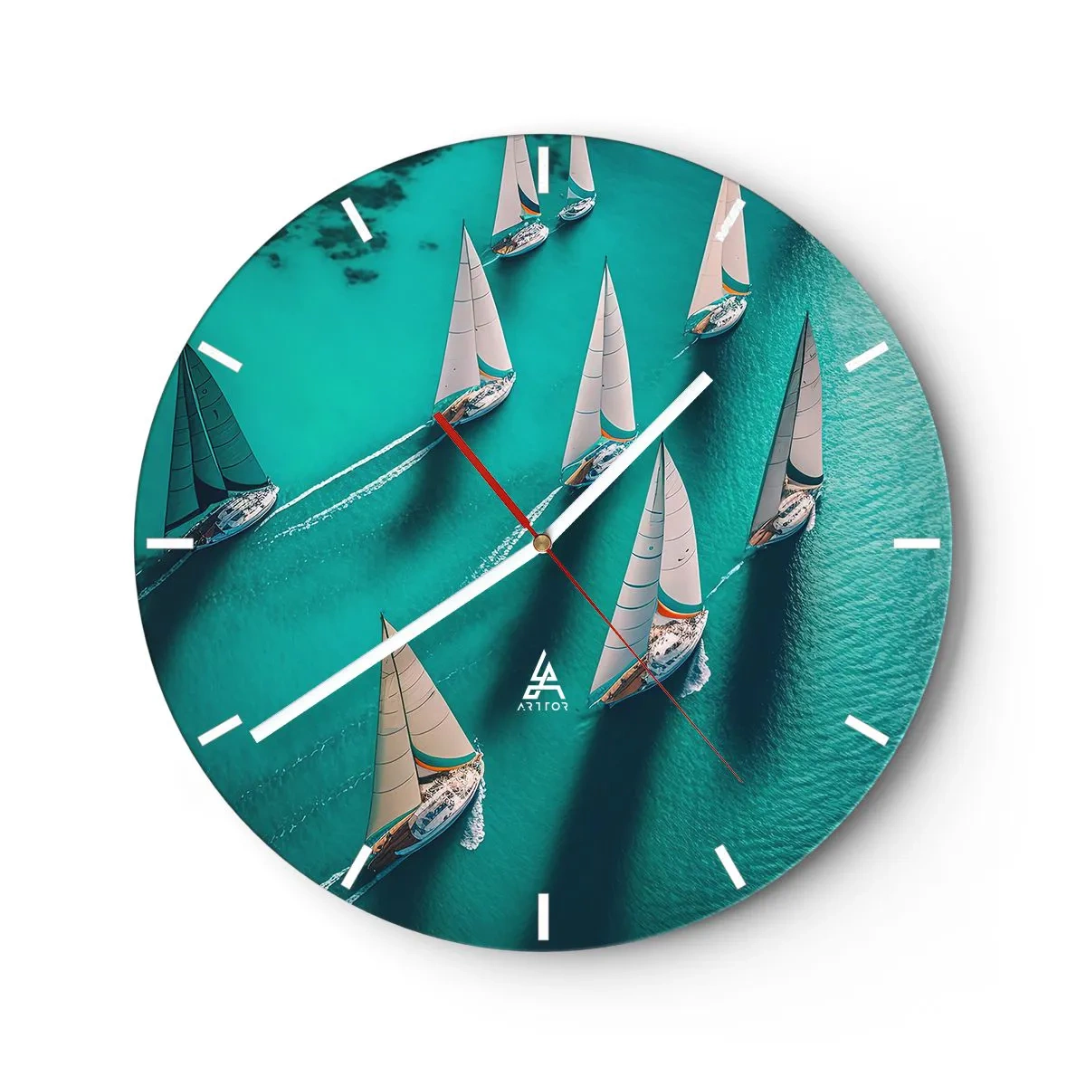 Reloj de pared - Reloj de vidrio - Yates de vela en aguas turquesas en disposición dinámica - 30x30cm - En competición con el viento - Decoración de pared moderna para salón, cocina y dormitorio ARTTOR