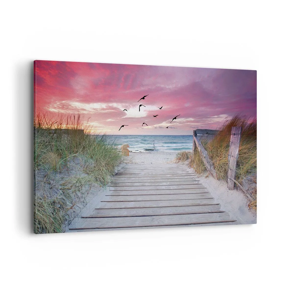 Cuadro sobre lienzo - Impresión de Imagen - Camino de madera en la playa al atardecer rosa - 120x80cm - Impresión del Báltico - Decoración de pared moderna para salón y dormitorio ARTTOR