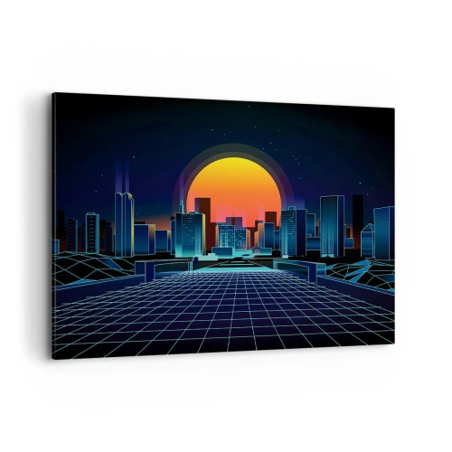 Cuadro sobre lienzo - Impresión de Imagen - Horizonte urbano futurista de estilo neón - 100x70cm - ¿Todavía deseas volver a la realidad? - Decoración de pared moderna para salón y dormitorio ARTTOR