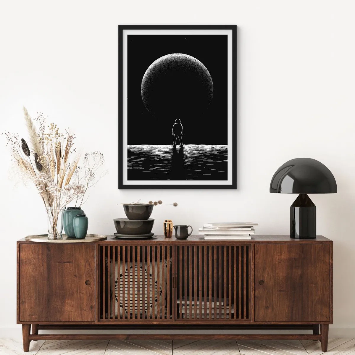 Póster en marco negro - Un astronauta con el telón de fondo de un enorme planeta en el espacio. - 50x70cm - Cara a cara - Decoración de pared moderna para salón y dormitorio ARTTOR