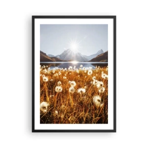 Póster en marco negro - Un prado con flores blancas frente a un lago y montañas al atardecer. - 50x70cm - Dureza de las rocas, suavidad de la hierba - Decoración de pared moderna para salón y dormitorio ARTTOR