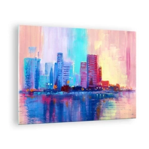 Cuadro sobre vidrio - Impresiones sobre Vidrio - Una ciudad moderna de colores intensos reflejados en el agua. - 70x50cm - Bañado en color - Decoración de pared moderna para salón y dormitorio ARTTOR