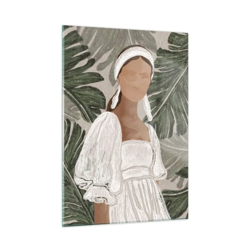 Cuadro sobre vidrio - Impresiones sobre Vidrio - Una mujer con un vestido blanco sobre un fondo de hojas tropicales verdes. - 50x70cm - Retrato exótico - Decoración de pared moderna para salón y dormitorio ARTTOR