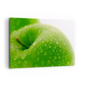 Cuadro sobre lienzo - Impresión de Imagen - Primer plano de una manzana verde con gotas de agua. - 100x70cm - Frescor verde - Decoración de pared moderna para salón y dormitorio ARTTOR