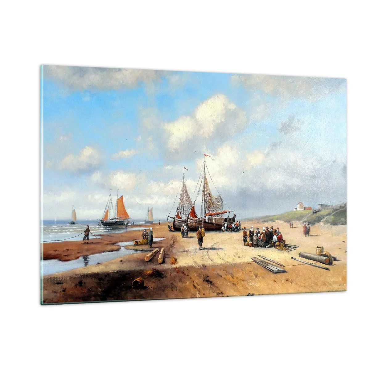 Cuadro sobre vidrio - Impresiones sobre Vidrio - Escena de playa con barcos de pesca y gente pescando. - 120x80cm - Después de una pesca exitosa - Decoración de pared moderna para salón y dormitorio ARTTOR