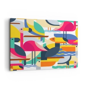 Cuadro sobre lienzo - Impresión de Imagen - Pájaros coloridos en una composición geométrica abstracta - 100x70cm - Fiesta de las aves - Decoración de pared moderna para salón y dormitorio ARTTOR