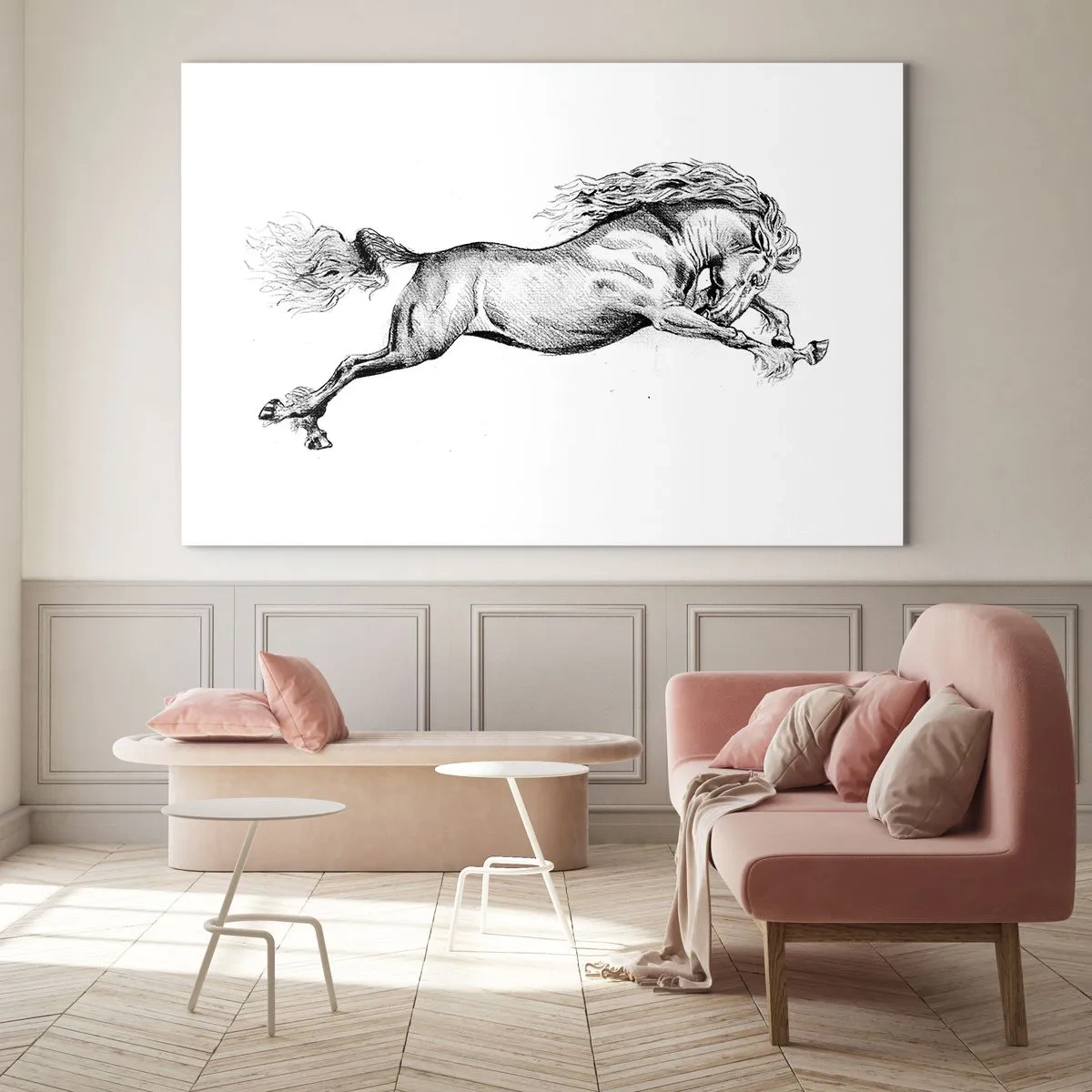 Cuadro sobre vidrio - Impresiones sobre Vidrio - Dibujo en blanco y negro de un caballo al galope. - 70x50cm - Captura al galope - Decoración de pared moderna para salón y dormitorio ARTTOR