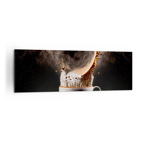 Cuadro sobre lienzo - Impresión de Imagen - Una taza de café con una explosión dinámica de líquido sobre un fondo negro. - 160x50cm - Una explosión de sabor - Decoración de pared moderna para salón y dormitorio ARTTOR
