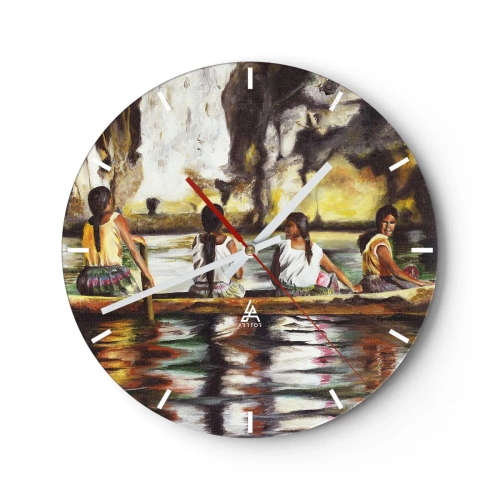 Reloj de pared - Reloj de vidrio - Mujeres en un barco en un paisaje tropical con agua y rocas. - 30x30cm - En un paraíso polinesio - Decoración de pared moderna para salón, cocina y dormitorio ARTTOR