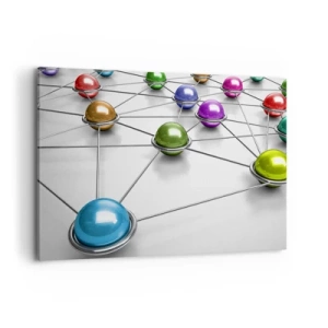 Cuadro sobre lienzo - Impresión de Imagen - Bolas de colores conectadas por líneas finas sobre un fondo blanco. - 100x70cm - Una red cósmica - Decoración de pared moderna para salón y dormitorio ARTTOR