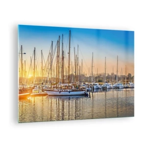 Cuadro sobre vidrio - Impresiones sobre Vidrio - Un puerto deportivo lleno de veleros a la luz del sol poniente - 70x50cm - El viento debe dormir también - Decoración de pared moderna para salón y dormitorio ARTTOR