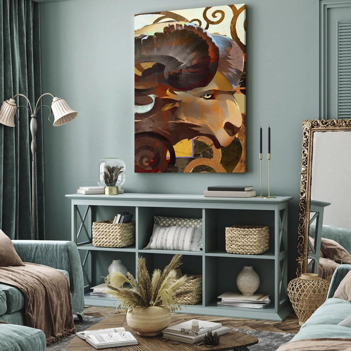 Cuadro sobre lienzo - Impresión de Imagen - Un carnero simbólico en una composición abstracta. - 70x100cm - Magia - religiones - rituales - Decoración de pared moderna para salón y dormitorio ARTTOR