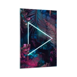 Cuadro sobre vidrio - Impresiones sobre Vidrio - Un triángulo de neón rodeado de hojas tropicales en colores oscuros. - 70x100cm - Jardín fluorescente - Decoración de pared moderna para salón y dormitorio ARTTOR