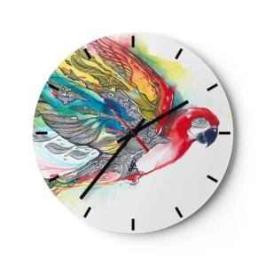 Reloj de pared - Reloj de vidrio - Un loro de colores intensos con patrones decorativos en sus alas. - 30x30cm - Vivir con colorido - Decoración de pared moderna para salón, cocina y dormitorio ARTTOR