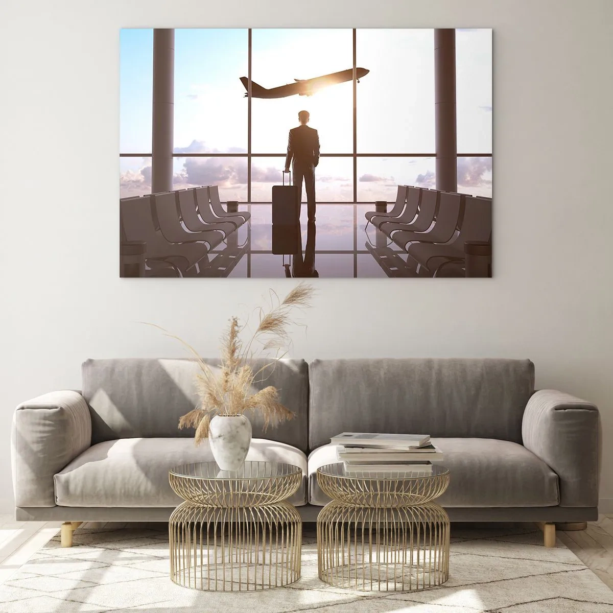 Cuadro sobre vidrio - Impresiones sobre Vidrio - Un hombre con una maleta en el aeropuerto viendo despegar un avión. - 70x50cm - Tienes tiempo, tranquilo - Decoración de pared moderna para salón y dormitorio ARTTOR