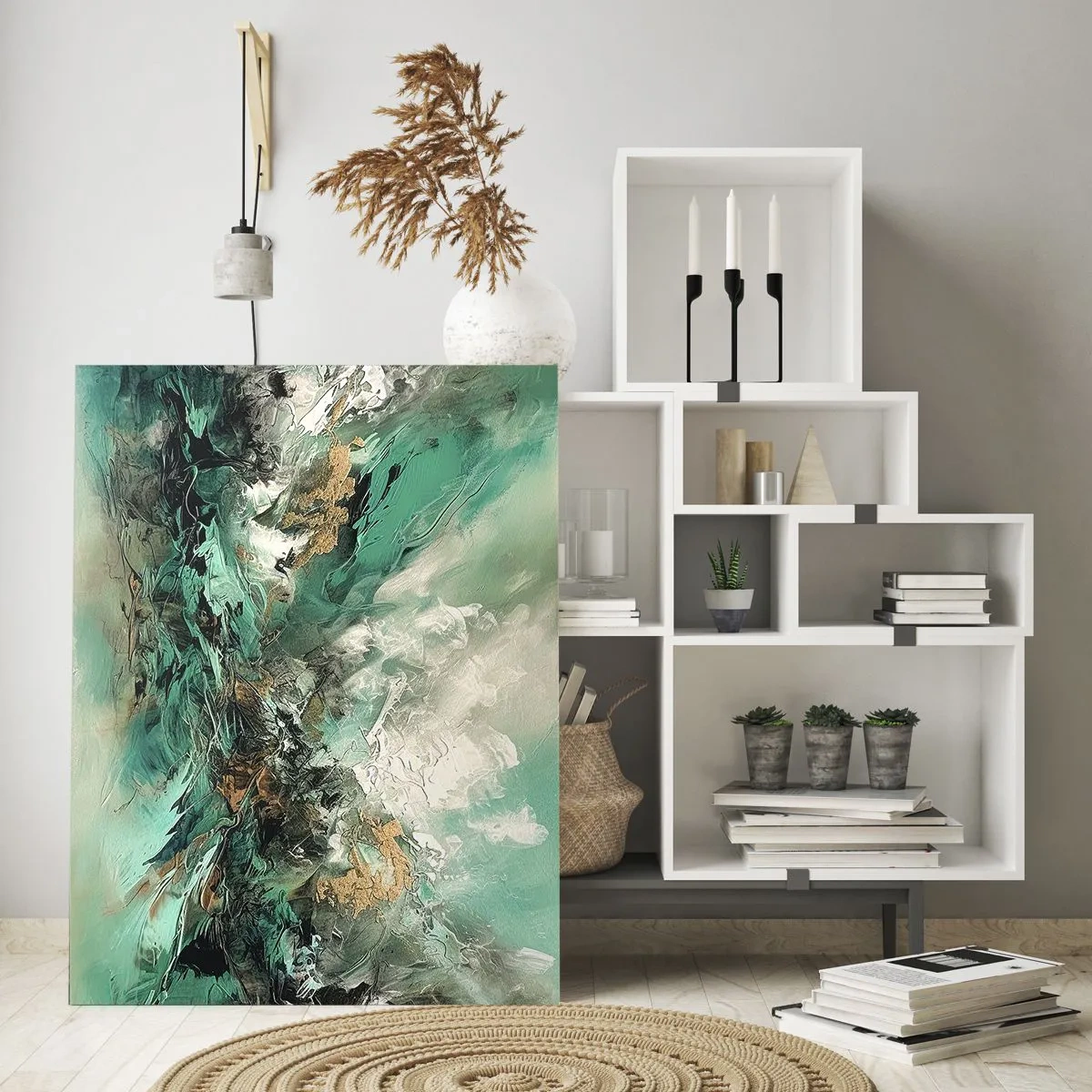 Cuadro sobre vidrio - Impresiones sobre Vidrio - Una composición abstracta en tonos esmeralda, negro y blanco. - 50x70cm - Hervor negro esmeralda - Decoración de pared moderna para salón y dormitorio ARTTOR