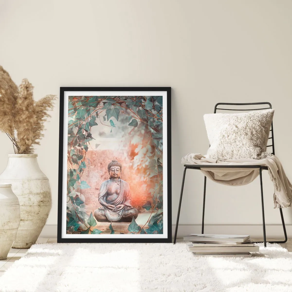 Póster en marco negro - Una estatua de Buda rodeada de hiedra en un aura meditativa. - 50x70cm - Alegre armonía - Decoración de pared moderna para salón y dormitorio ARTTOR