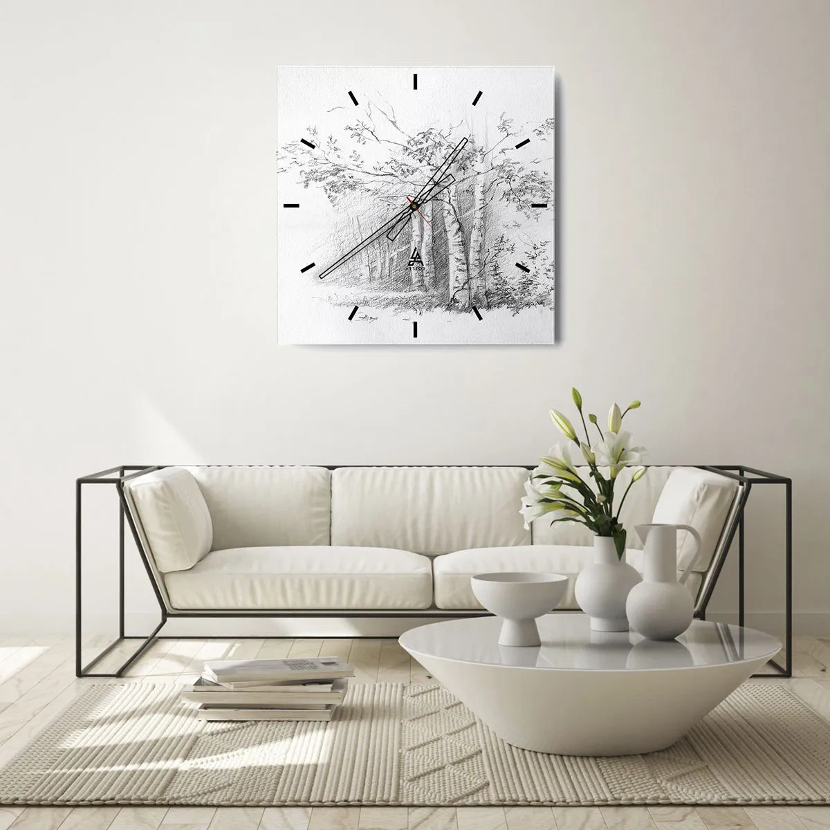 Reloj de pared - Reloj de vidrio - Un dibujo de un bosque de abedules en un sutil boceto a lápiz. - 30x30cm - La luz de un bosque de abedules - Decoración de pared moderna para salón y dormitorio ARTTOR