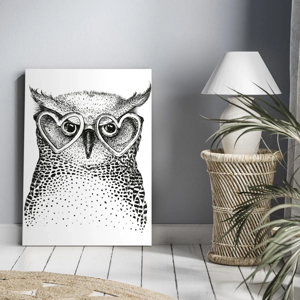 Cuadro sobre lienzo - Impresión de Imagen - Gráfico elegante de un búho con gafas en forma de corazón. - 50x70cm - Con sabiduría y amor - Decoración de pared moderna para salón y dormitorio ARTTOR