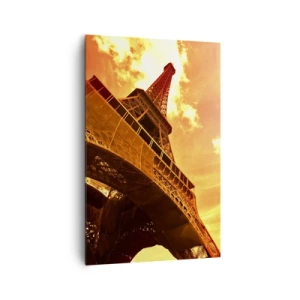 Cuadro sobre lienzo - Impresión de Imagen - La Torre Eiffel contra un cielo dorado durante la puesta de sol - 80x120cm - Monumental, dorado por el sol - Decoración de pared moderna para salón y dormitorio ARTTOR