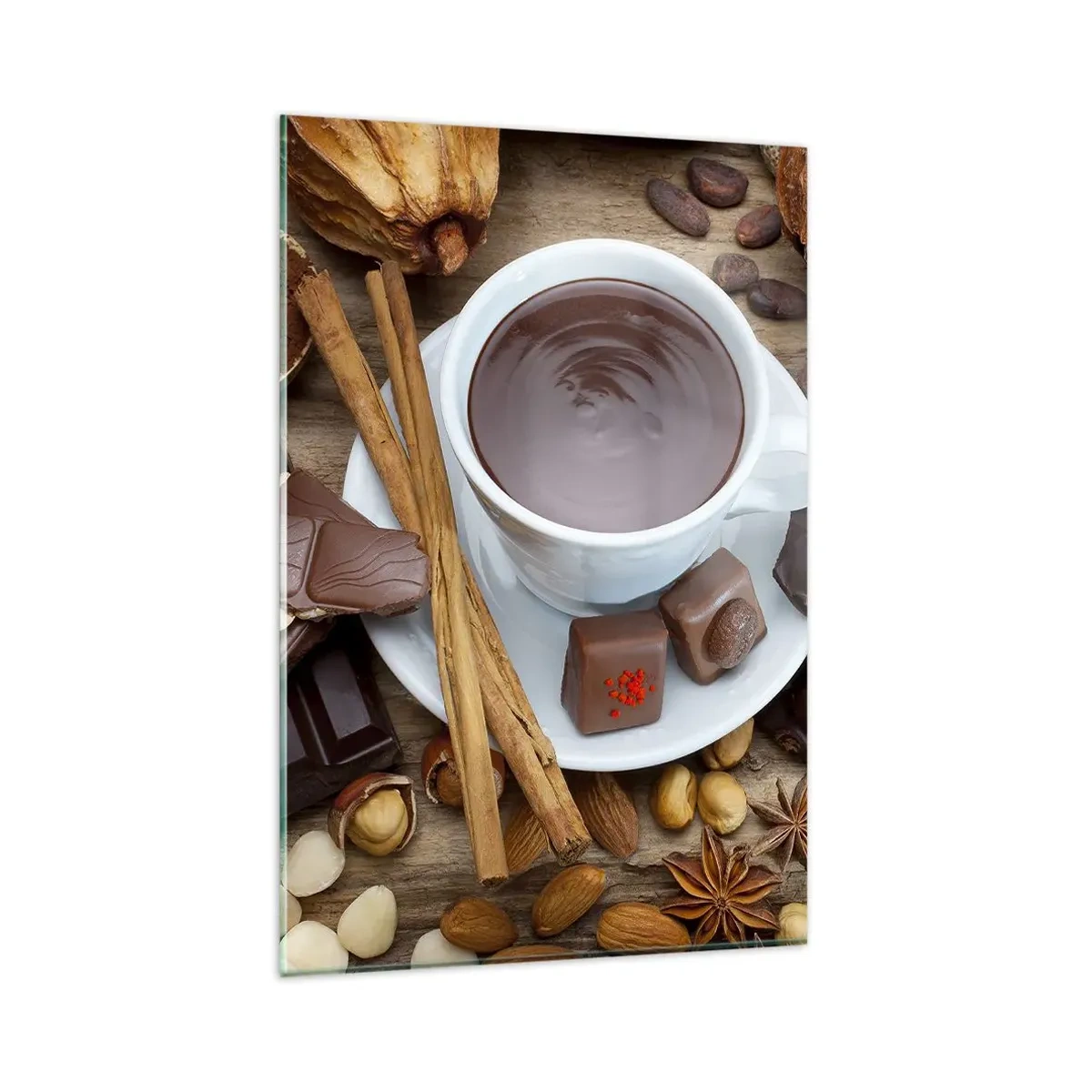 Cuadro sobre vidrio - Impresiones sobre Vidrio - Una taza de chocolate caliente rodeada de ingredientes de postre. - 80x120cm - Chocolate de ensueño - Decoración de pared moderna para salón y dormitorio ARTTOR