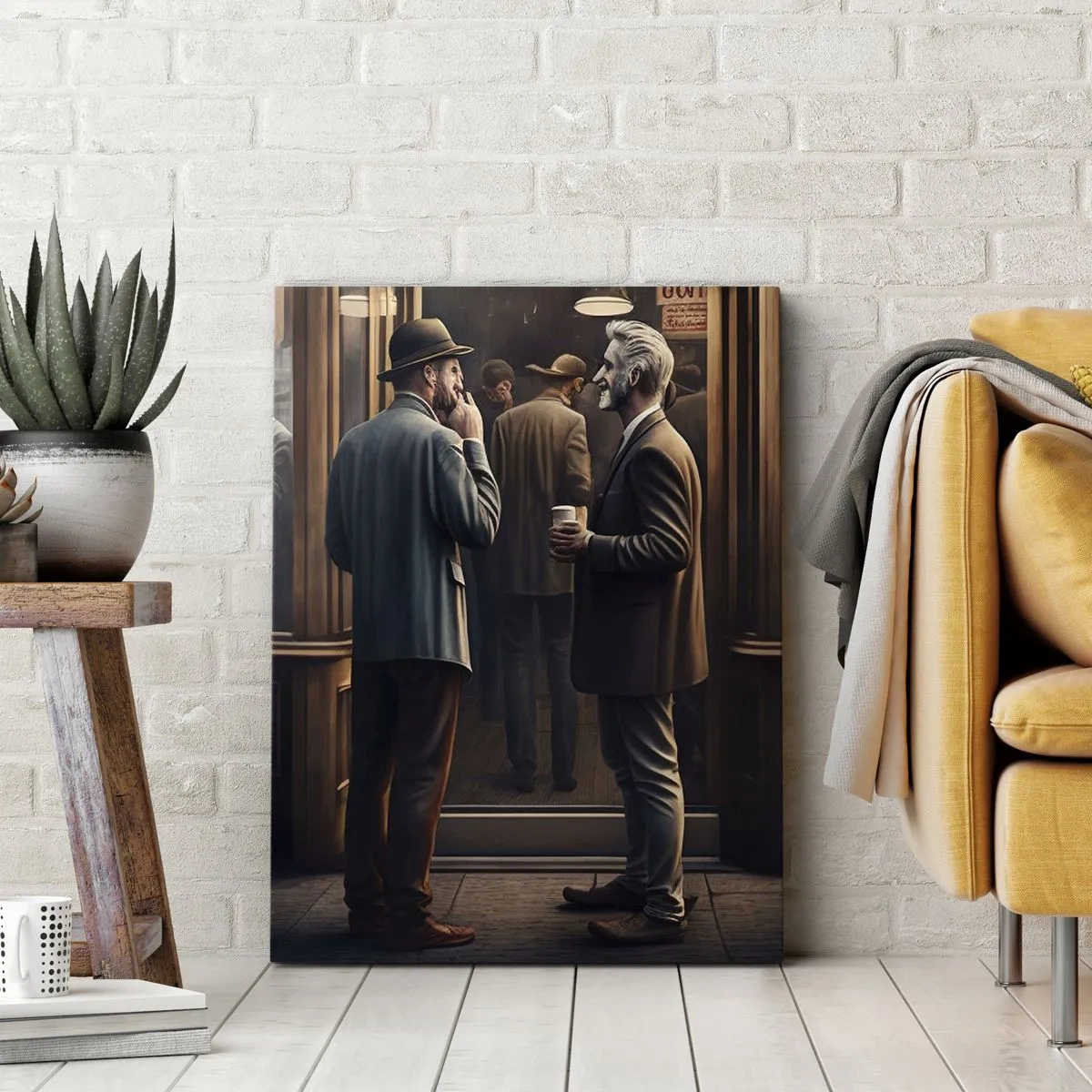 Cuadro sobre lienzo - Impresión de Imagen - Escena callejera con gente frente a un café retro. - 50x70cm - Un buen momento del día - Decoración de pared moderna para salón y dormitorio ARTTOR
