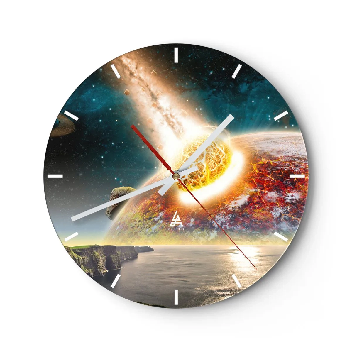 Reloj de pared - Reloj de vidrio - Colisión de un asteroide con la Tierra en el fondo cósmico - 30x30cm - Drama cósmico - Decoración de pared moderna para salón, cocina y dormitorio ARTTOR