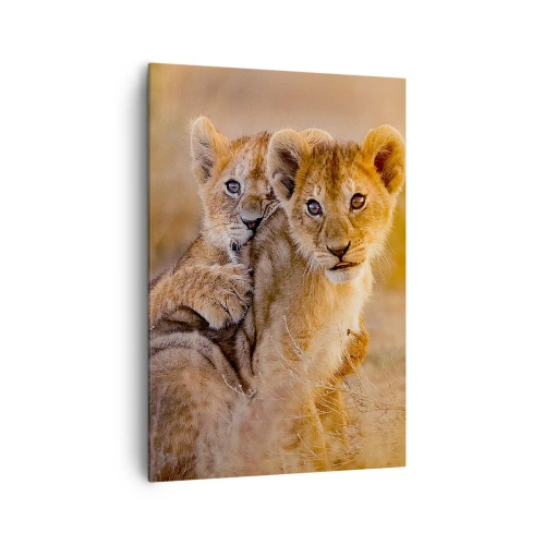 Cuadro sobre lienzo - Impresión de Imagen - Adorables cachorros de león en su entorno natural. - 70x100cm - ¡No molestar! Nos estamos divirtiendo - Decoración de pared moderna para salón y dormitorio ARTTOR