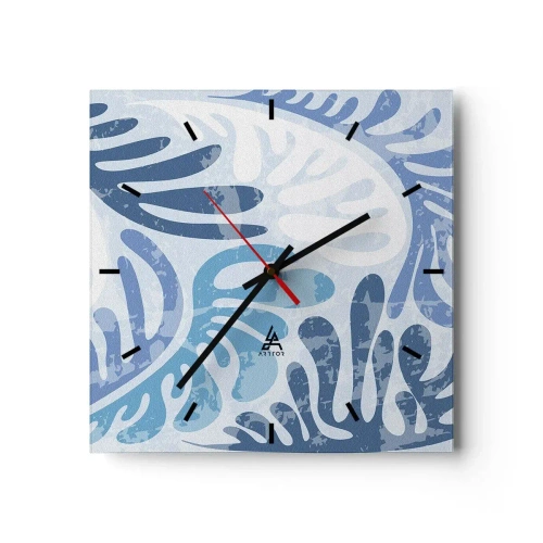 Reloj de pared - Reloj de vidrio - Formas abstractas en tonos azules sobre un fondo blanco. - 30x30cm - Helechos azules - Decoración de pared moderna para salón y dormitorio ARTTOR