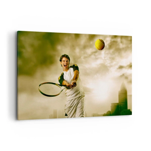 Cuadro sobre lienzo - Impresión de Imagen - Jugador de tenis en acción durante un partido con el telón de fondo de un paisaje urbano. - 120x80cm - Energía y alegría - Decoración de pared moderna para salón y dormitorio ARTTOR