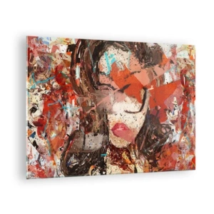 Cuadro sobre vidrio - Impresiones sobre Vidrio - Retrato abstracto de una mujer en tonos rojos y beige. - 70x50cm - Nadie sabe cómo eres realmente - Decoración de pared moderna para salón y dormitorio ARTTOR