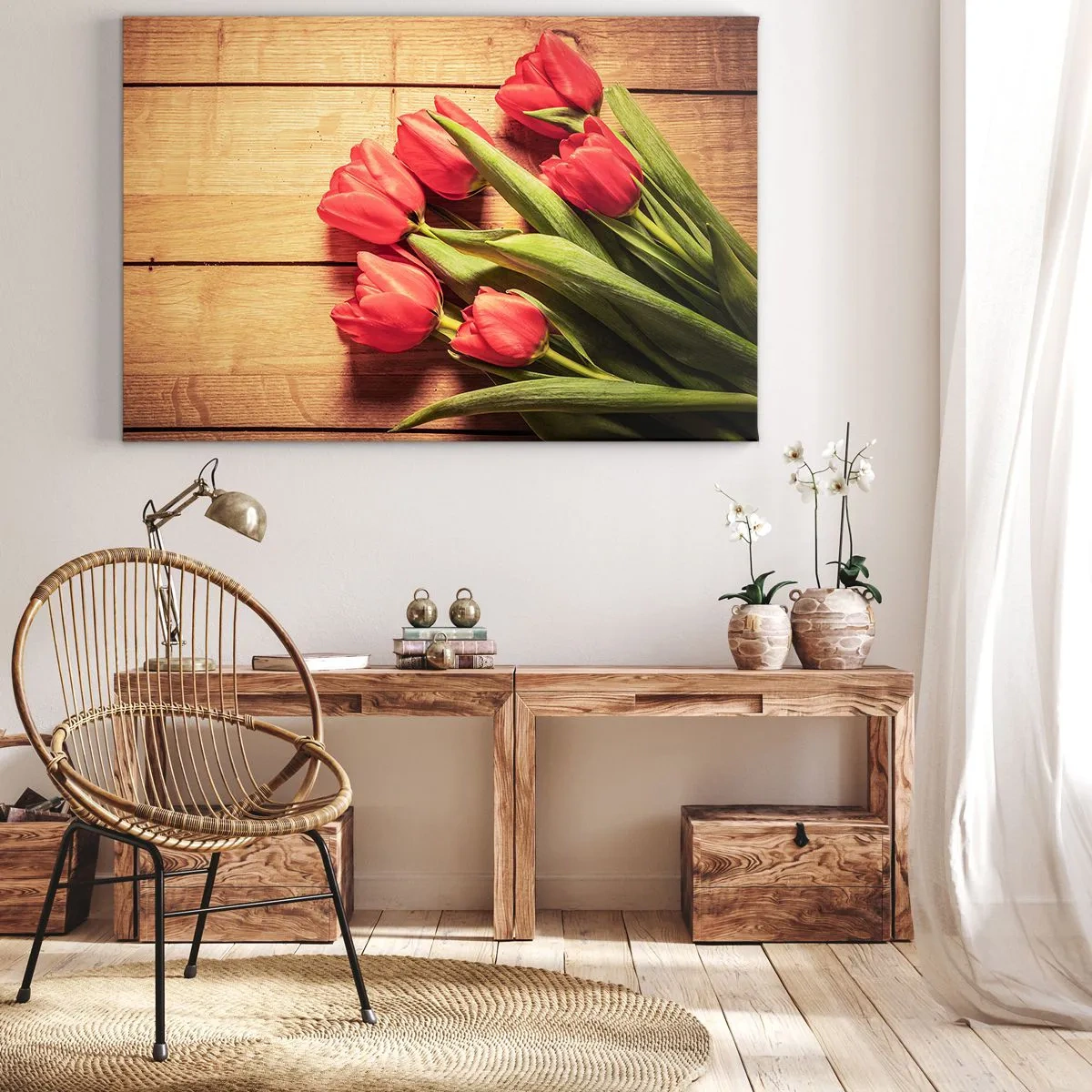 Cuadro sobre lienzo - Impresión de Imagen - Un ramo de tulipanes rosas sobre un fondo de madera. - 120x80cm - Una confesión primaveral - Decoración de pared moderna para salón y dormitorio ARTTOR