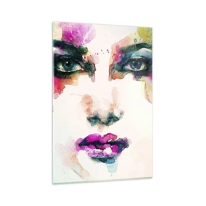 Cuadro sobre vidrio - Impresiones sobre Vidrio - Retrato abstracto de una mujer en colores intensos. - 80x120cm - Retrato en arco iris - Decoración de pared moderna para salón y dormitorio ARTTOR