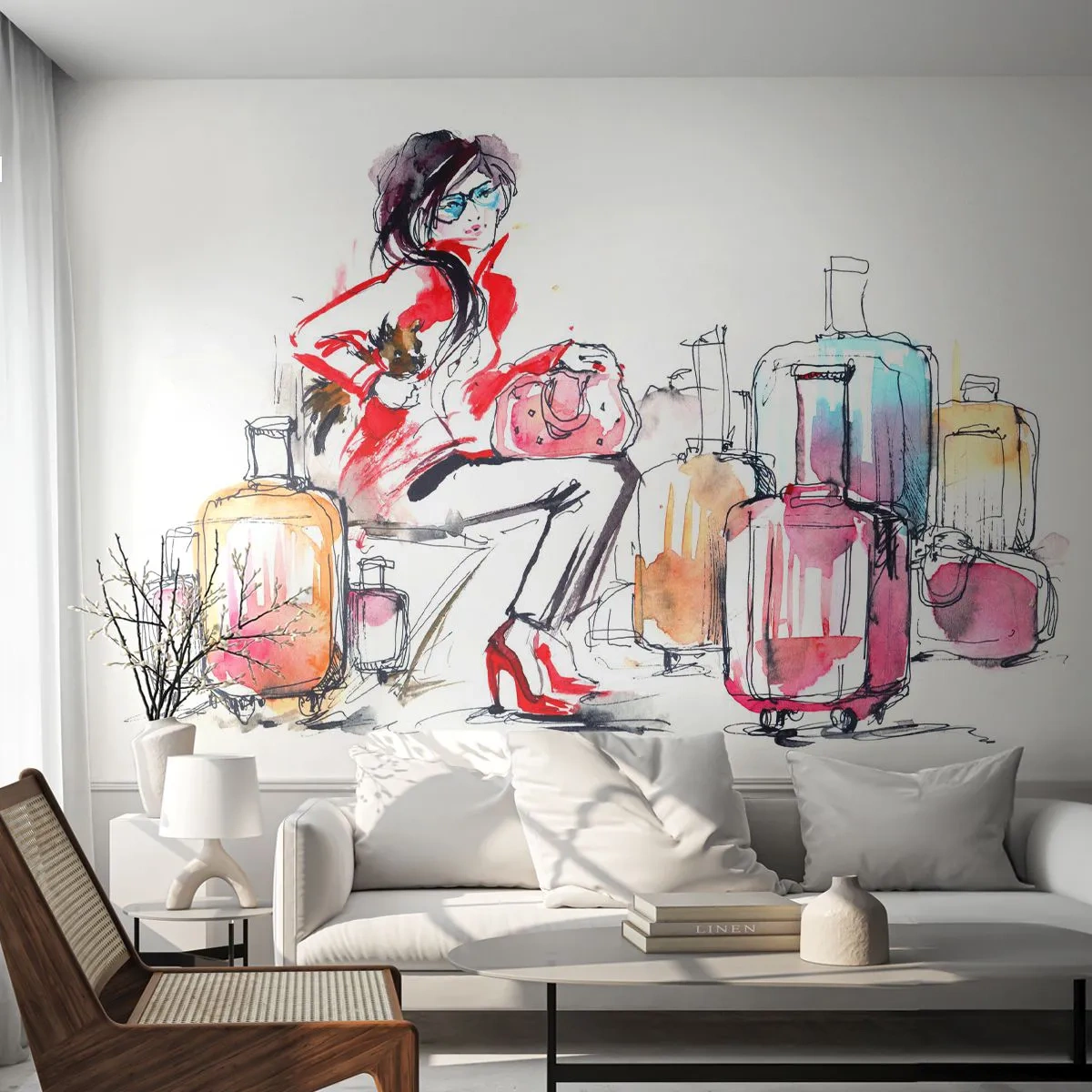 Fotomural Premium Sand - Sentémonos antes del viaje - Mujer, Viaje, Maleta - 350x256 cm