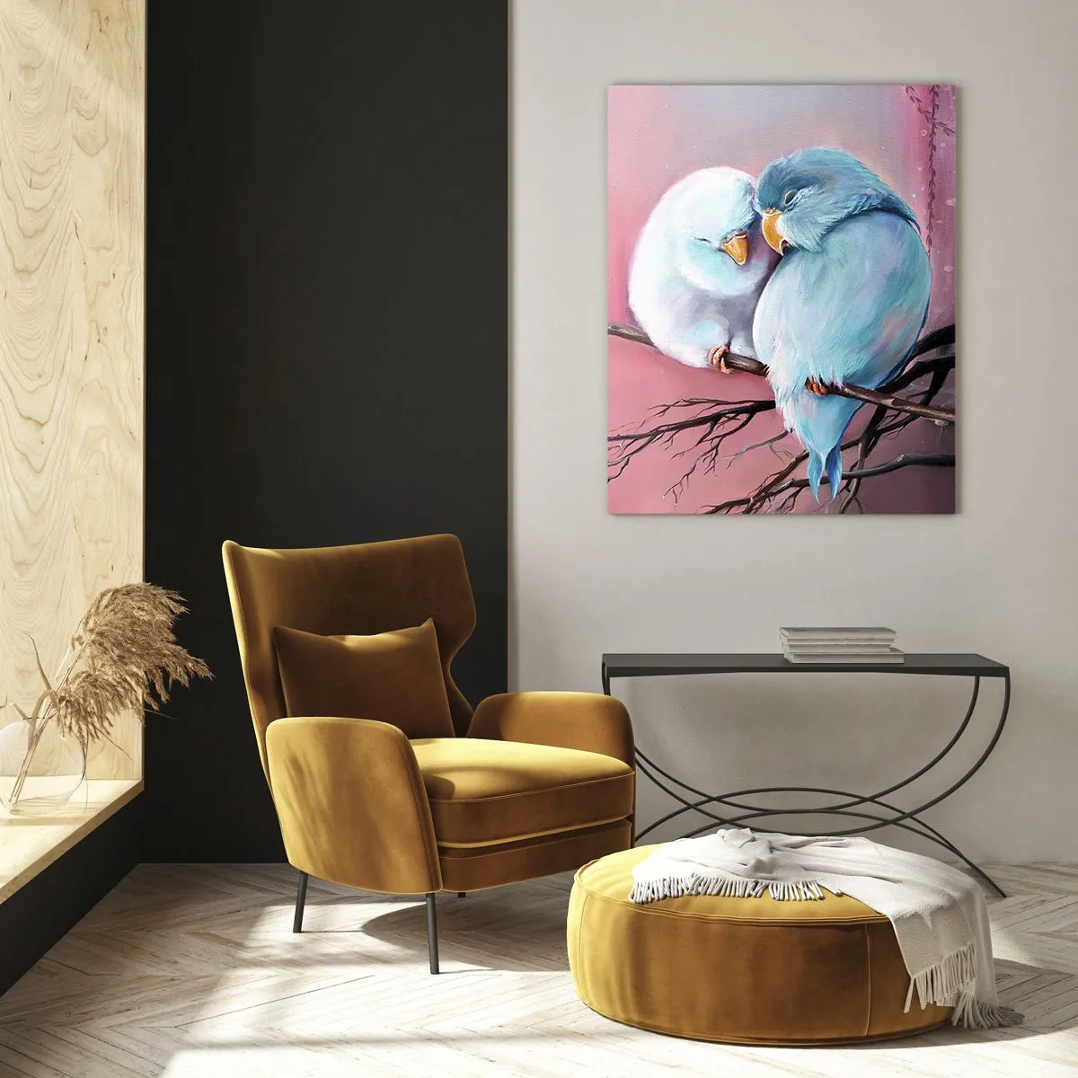 Cuadro sobre vidrio - Impresiones sobre Vidrio - Dos tortolitos sentados en una rama sobre un fondo rosa - 50x70cm - Qué añadir aquí... - Decoración de pared moderna para salón y dormitorio ARTTOR