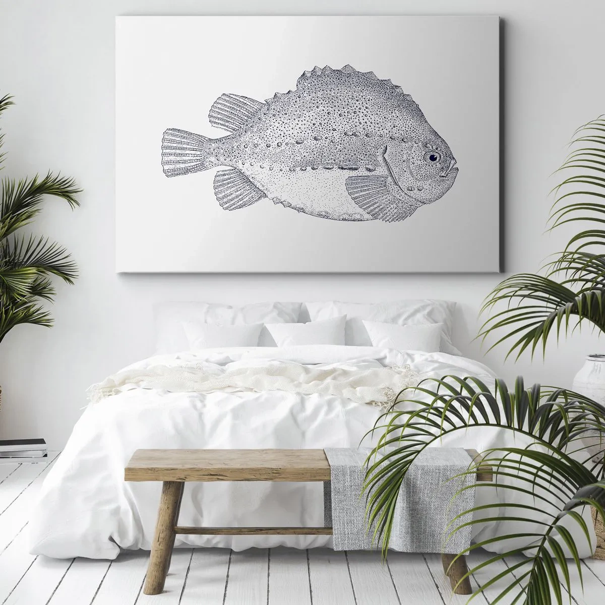 Cuadro sobre lienzo - Impresión de Imagen - Dibujo en blanco y negro de un pez sobre un fondo blanco en estilo minimalista. - 120x80cm - Para el álbum del naturalista - Decoración de pared moderna para salón y dormitorio ARTTOR