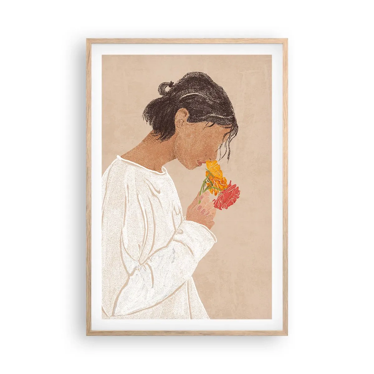 Póster en marco roble claro - Joven con flores - 61x91 cm