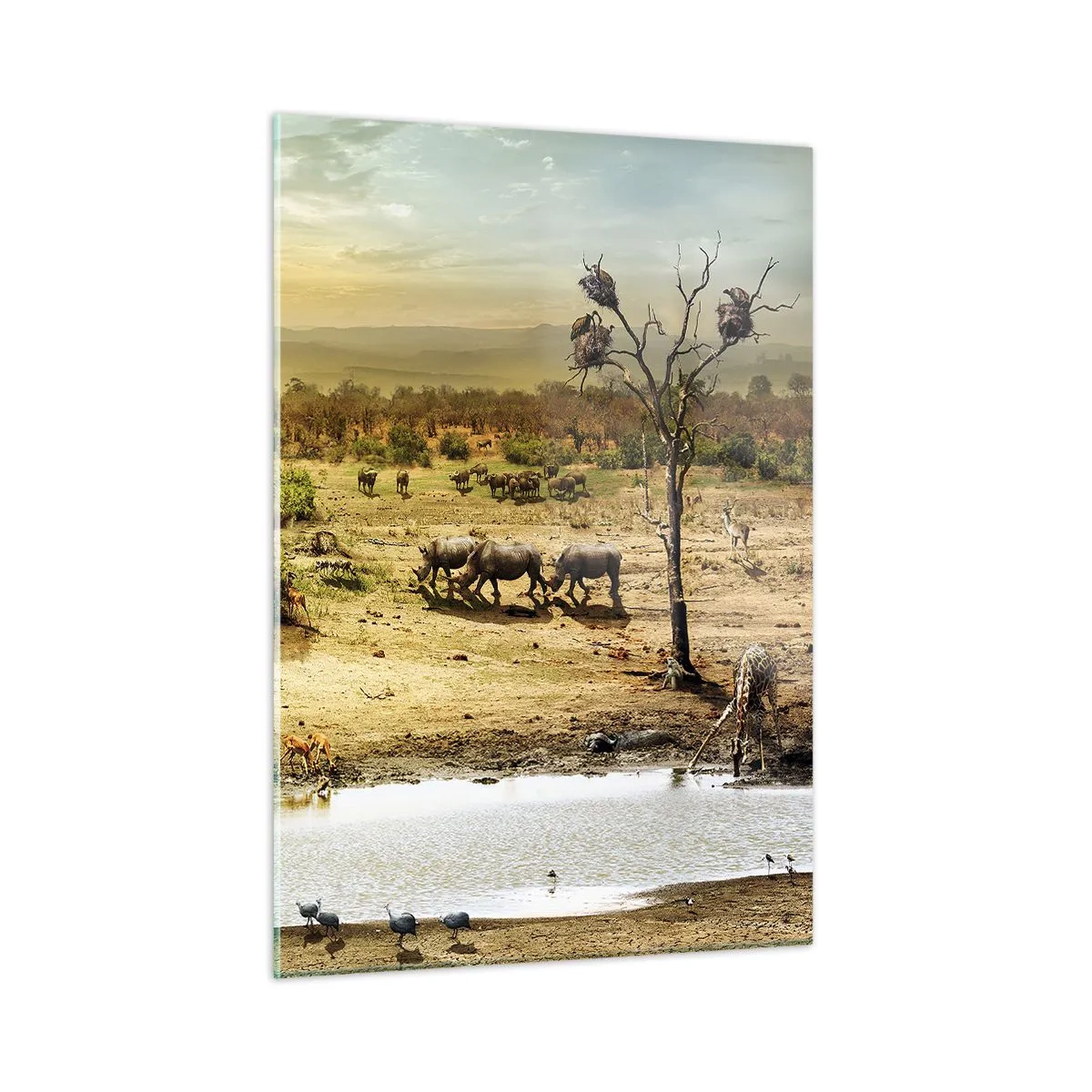 Cuadro sobre vidrio - Impresiones sobre Vidrio - Elefantes y animales en un abrevadero con un paisaje africano como telón de fondo. - 50x70cm - Y del Edén fluyó un río... - Decoración de pared moderna para salón y dormitorio ARTTOR