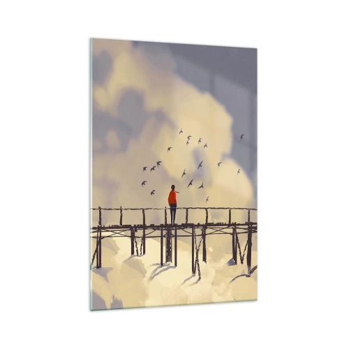 Cuadro sobre vidrio - Impresiones sobre Vidrio - Una figura en un puente entre nubes con pájaros en el cielo. - 70x100cm - Anhelo azul - Decoración de pared moderna para salón y dormitorio ARTTOR