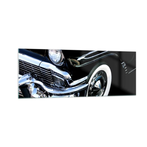 Cuadro sobre vidrio - Impresiones sobre Vidrio - Primer plano del faro y el guardabarros de un coche clásico negro - 140x50cm - Clásicos en plata, negro y blanco - Decoración de pared moderna para salón y dormitorio ARTTOR