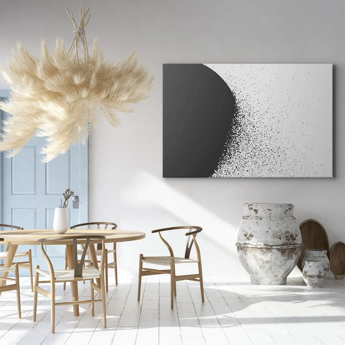 Cuadro sobre lienzo - Impresión de Imagen - Patrón abstracto con partículas negras sobre un fondo claro - 70x50cm - El movimiento de las partículas - Decoración de pared moderna para salón y dormitorio ARTTOR