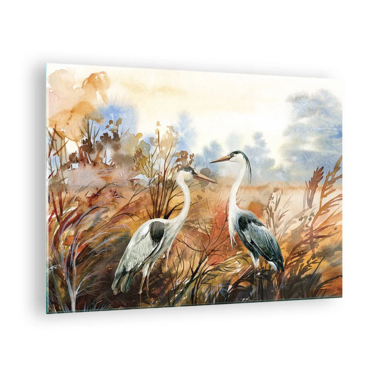 Cuadro sobre vidrio - Impresiones sobre Vidrio - Dos grullas en un paisaje otoñal pintado en acuarela. - 70x50cm - ¿A dónde nos dirigimos en otoño? - Decoración de pared moderna para salón y dormitorio ARTTOR